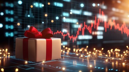Gift atop a digital market chart display.