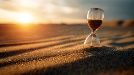 Glass hourglass rests in golden desert sand with wind scattering grains, bathed in warm sunset light, symbolizing the fleeting nature of time and transience, AI generative