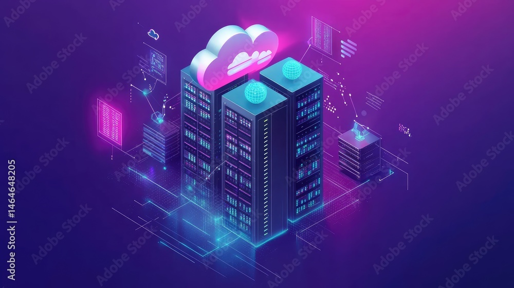 Poster server racks and cloud icons interconnected with digital lines and holograms, representing cloud-dri
