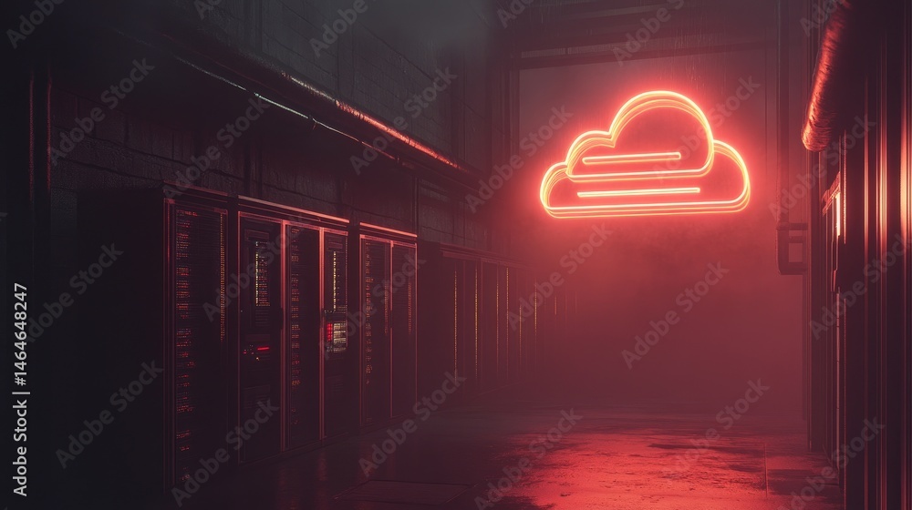 Poster server racks with glowing lines leading to hovering digital cloud icon
