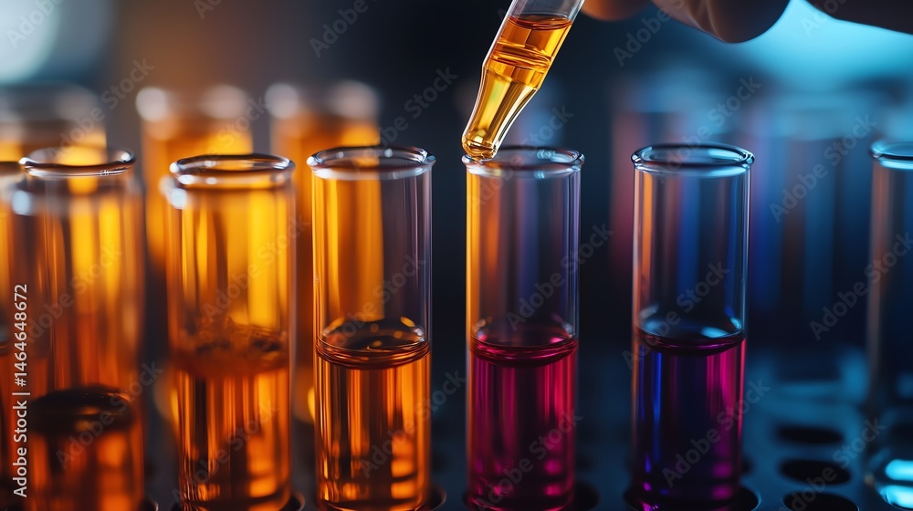 Poster close-up of scientist adding reagent to test tube with dramatic lighting and color contrast for lab 