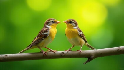 Close-up of two sparrows conversing on a long branch, green and yellow bokeh, interaction, closeup