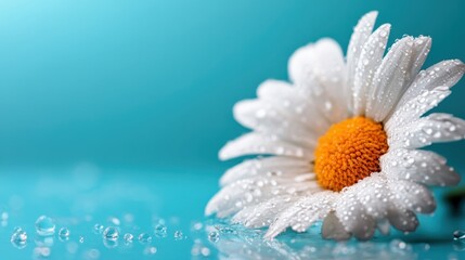 A beautiful daisy flower covered in glistening water drops against a vibrant turquoise backdrop, symbolizing freshness and the beauty of nature in vivid colors.