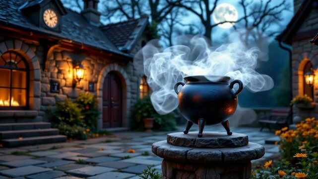 A steaming black cauldron sits on a stone pedestal in a moonlit courtyard outside a cozy stone cottage.