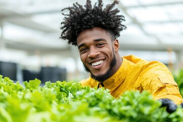 business sales sustainable Concept. A smiling person tends to fresh green lettuce in a bright indoor garden.