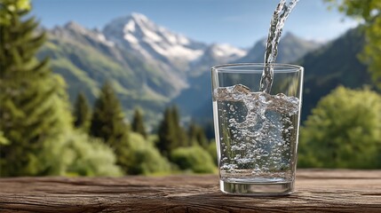 Sparkling water poured into glass, mountain backdrop