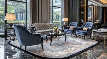 Sophisticated hotel lounge with velvet chairs, coffee tables, and ambient lighting by tall floor lamps