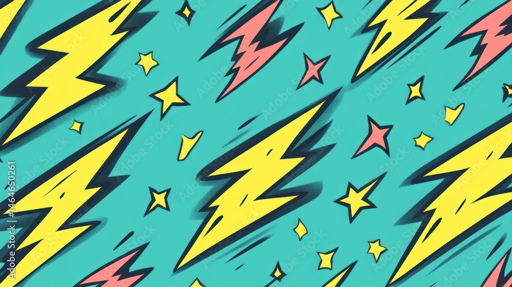 Poster abstract lightning bolt and star pattern; teal background; vibrant design; website background