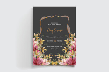 WEDDING INVITATION FRAME WITH FLOWER DECORATIONS AND FRESH LEAVES