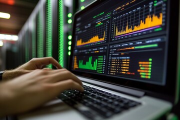 Data center engineer analyzing performance metrics on laptop with server racks in the background