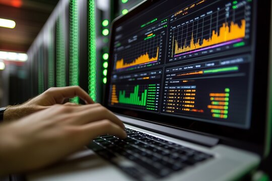 Data center engineer analyzing performance metrics on laptop with server racks in the background