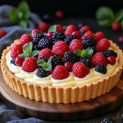 Delicious Berry Tart with Creamy Filling on a Wooden Board 