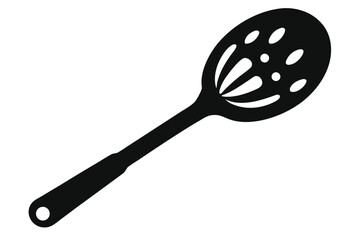 Isolated black skimmer spoon has slots and a hole at handle end