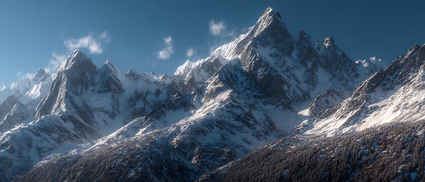 Majestic snow-capped mountains rise under a clear blue sky. A breathtaking winter landscape.