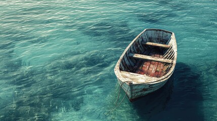 Tranquil, wooden rowboat resting serenely in shallow, turquoise water.