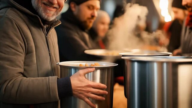 Senior homeless man warmly receiving nutritious meal from compassionate volunteers supporting community during cold winter evening at local soup kitchen