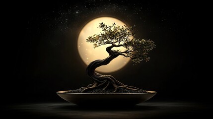 Bonsai tree under a full moon