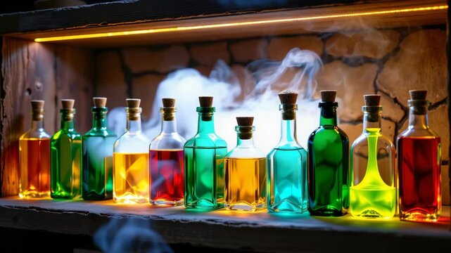 A row of colorful glass potion bottles with corks, emitting wisps of smoke, displayed on a rustic wooden shelf.
