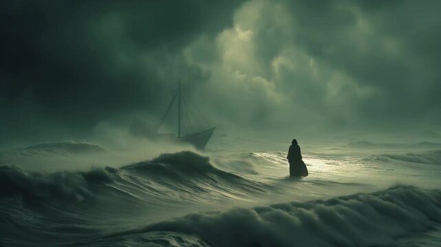 Jesus walks on water toward a boat amidst a stormy sea, showcasing miraculous faith and power

