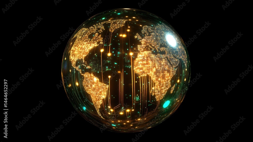 Poster transparent globe with glowing data circuits showing worldwide digital integration