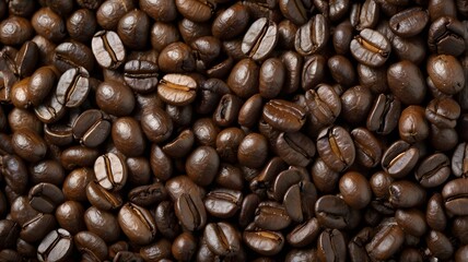 Fototapeta premium Overhead view of backdrop representing halves of dark brown coffee beans with pleasant scent.