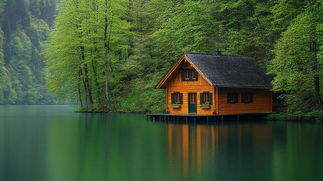 Tranquil cabin on a serene lake in a lush forest - Powered by Adobe