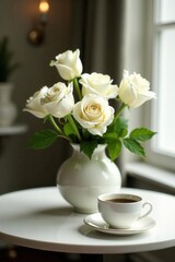 Fototapeta premium Elegant white roses and lilies in round vases, coffee cups on table , kitchen, breakfast