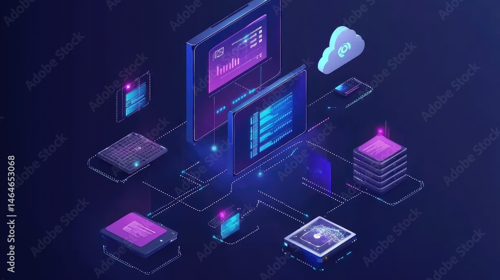 Poster visual diagram of edge computing and cloud storage integration on digital screen