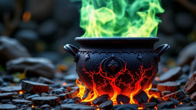 A mystical black cauldron sits on burning embers, emitting glowing green smoke in a magical, enchanted forest setting.