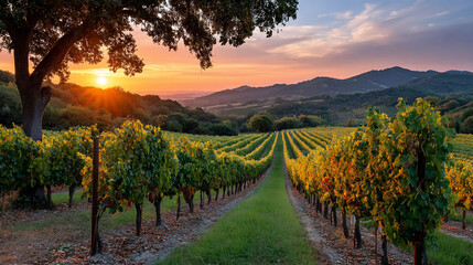 Naklejka premium Sunset over vineyard, rows of grapevines with golden light. A picturesque view, hills in the distance