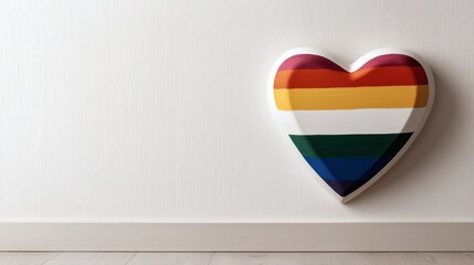 Colorful Heart Display with Rainbow Stripes on White Wall Emphasizing Love and Acceptance