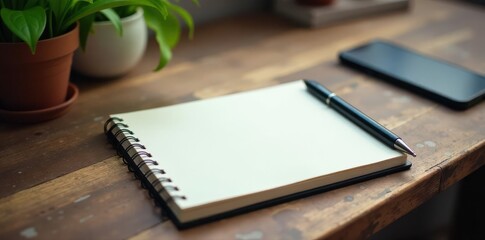 New notebook with pen atop rustic wooden desk, pen, illustration