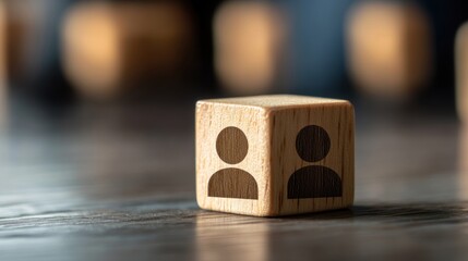 A close up of a wooden cube with person icons on a blurred background on a dark surface table top