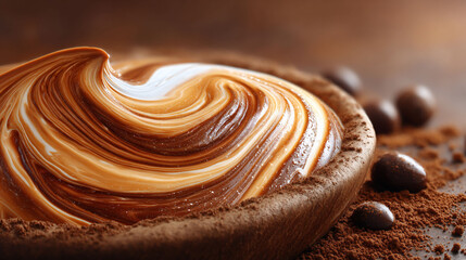 Swirled dessert in a wooden bowl with chocolate shavings and beans on a dark brown surface