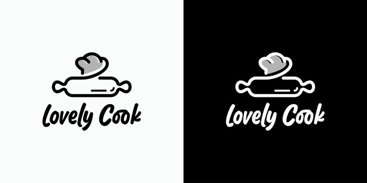 Vector logo design combination of rolling pin and chef hat shape with modern, simple, clean and abstract style. Icon for business, food and drink, cooking and personal branding.