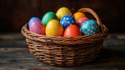 Colorful Easter eggs in a wicker basket