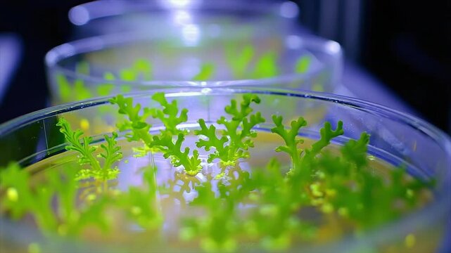 Small, vibrant green plantlets cultivated in petri dishes under lab lighting