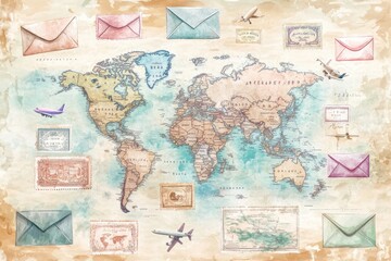 Fototapeta premium Vintage world map with envelopes and stamps