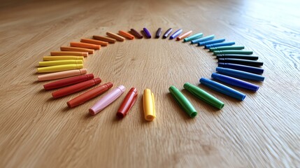 Obraz premium Vibrant Circle of Colorful Markers Arranged Neatly on a Wooden Floor