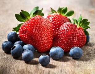 fresh strawberries and blueberries on a wooden surface