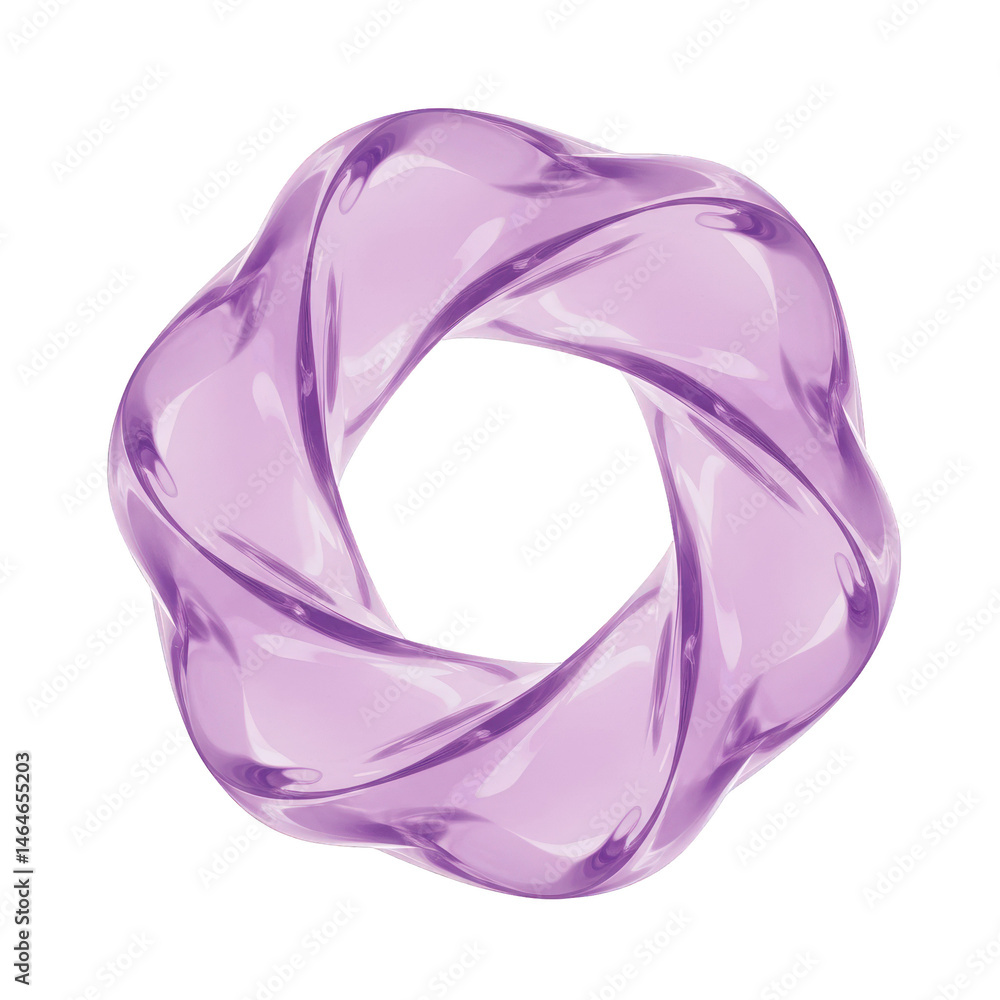 Poster a stunning 3d rendering of a twisted, interlocking purple torus shape on a solid black background, s
