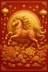 Fototapeta premium A Vibrant Golden Horse Galloping Against a Red Background: Celebrating Tradition and Prosperity in Chinese Culture