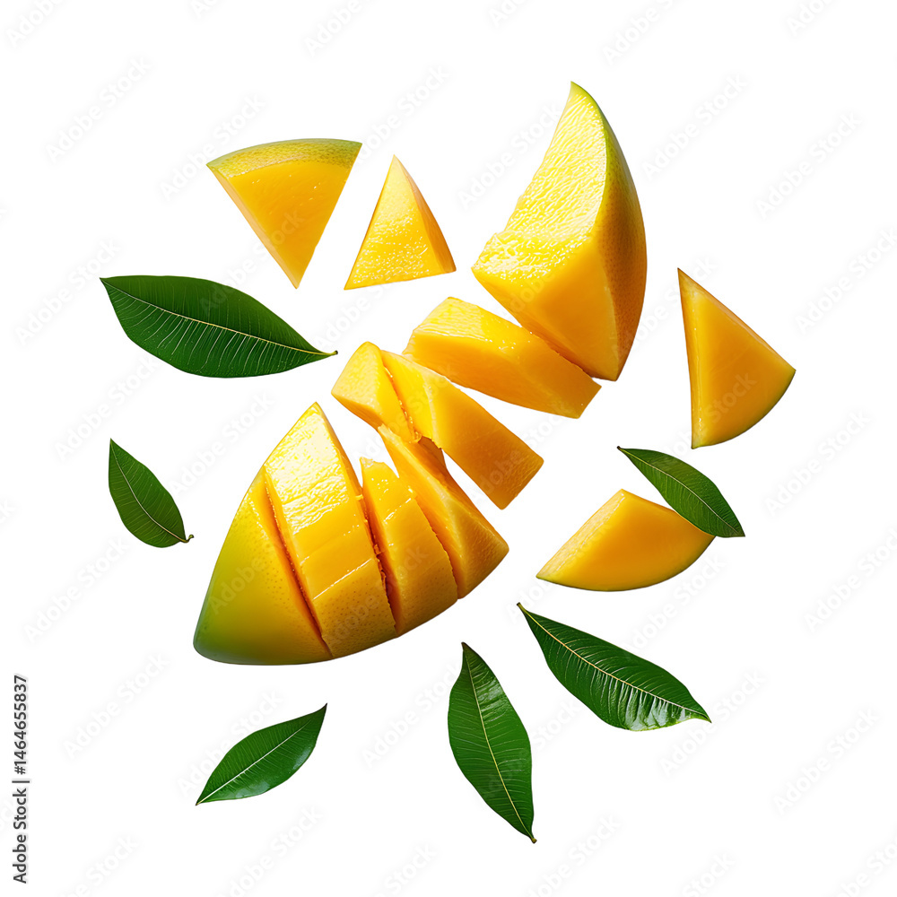 Poster sliced mango fruit and mango leaves on a transparent background with clipping paths included.