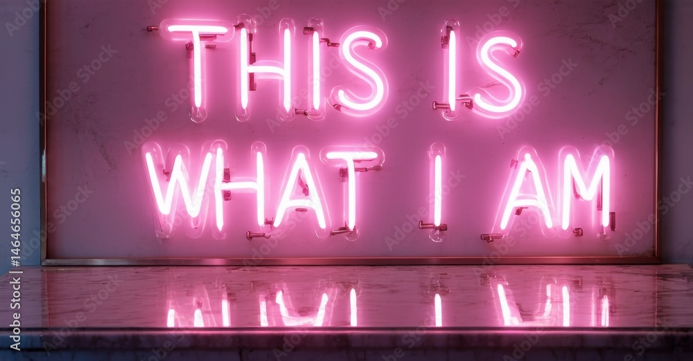 Aufkleber bright pink neon sign displays text. words read this is what i am. dark background creates strong co