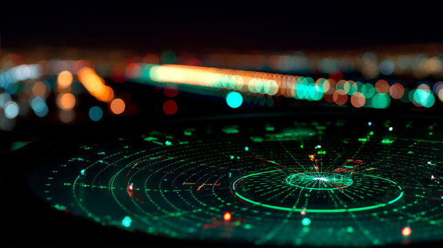 Close-up of radar screen in air traffic control tower with glowing flight paths and aircraft tracking. Aviation safety, airspace monitoring and flight navigation system concepts.	