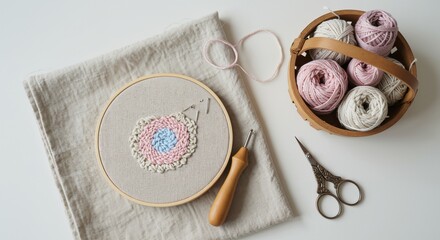 Naklejka premium Delicate Handcrafted Embroidery in Progress: An Artistic Display of Thread, Motivation, and Skill on a Neutral Background with Colorful Yarn Balls