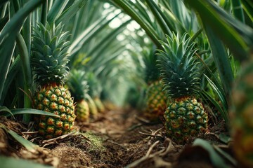 Obraz premium Pineapple Row at Tropical Farm: Pineapple Plantation Showing Ripe Fruit Growing in Green Environment.