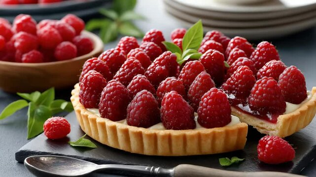 Raspberry pie, cut in half with a spoon on top, covered with a generous amount of raspberries.