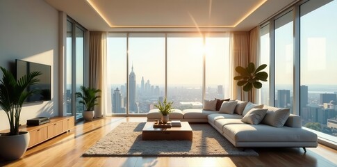 Fototapeta premium Sunlit penthouse living room, panoramic window, minimalist decor , luxury, zoom background, decor