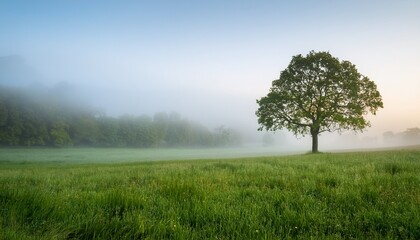 Fototapeta premium a serene landscape featuring a solitary tree amidst a misty backdrop surrounded by lush green grass and distant trees creating a tranquil atmosphere